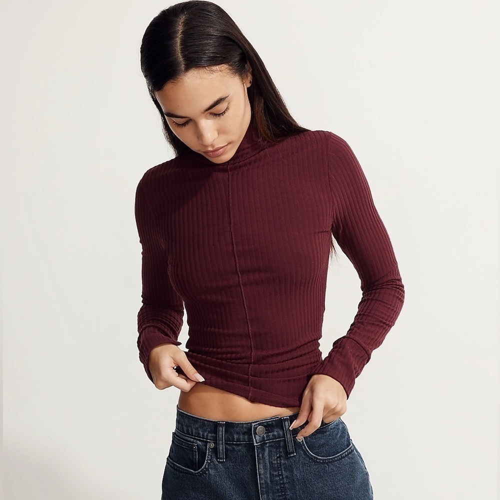 MWL Madewell Brushed Rib Long-Sleeve Turtleneck Top Maroon Size Large NWT